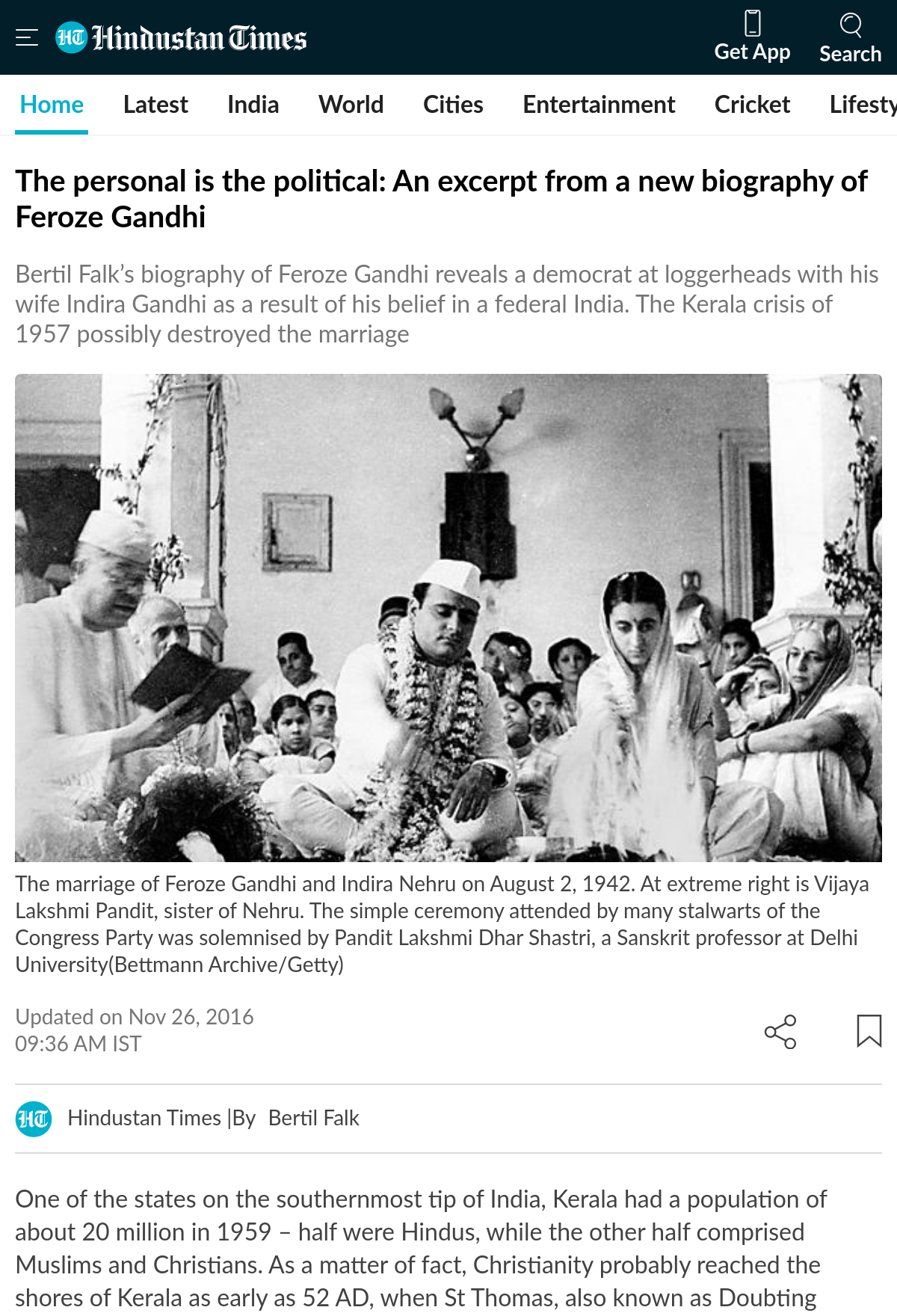 Hindustan Times on Marriage of Indira with Feroze Gandhi