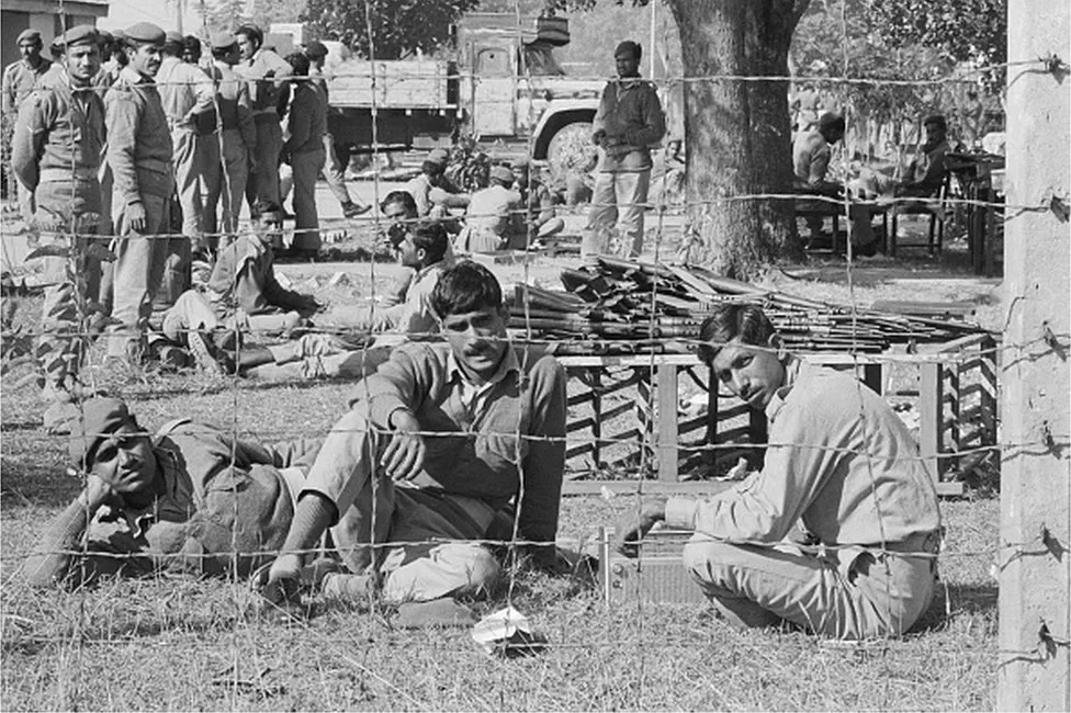 Captured Pakistani soldiers at a prison camp in Bangladesh, 1971