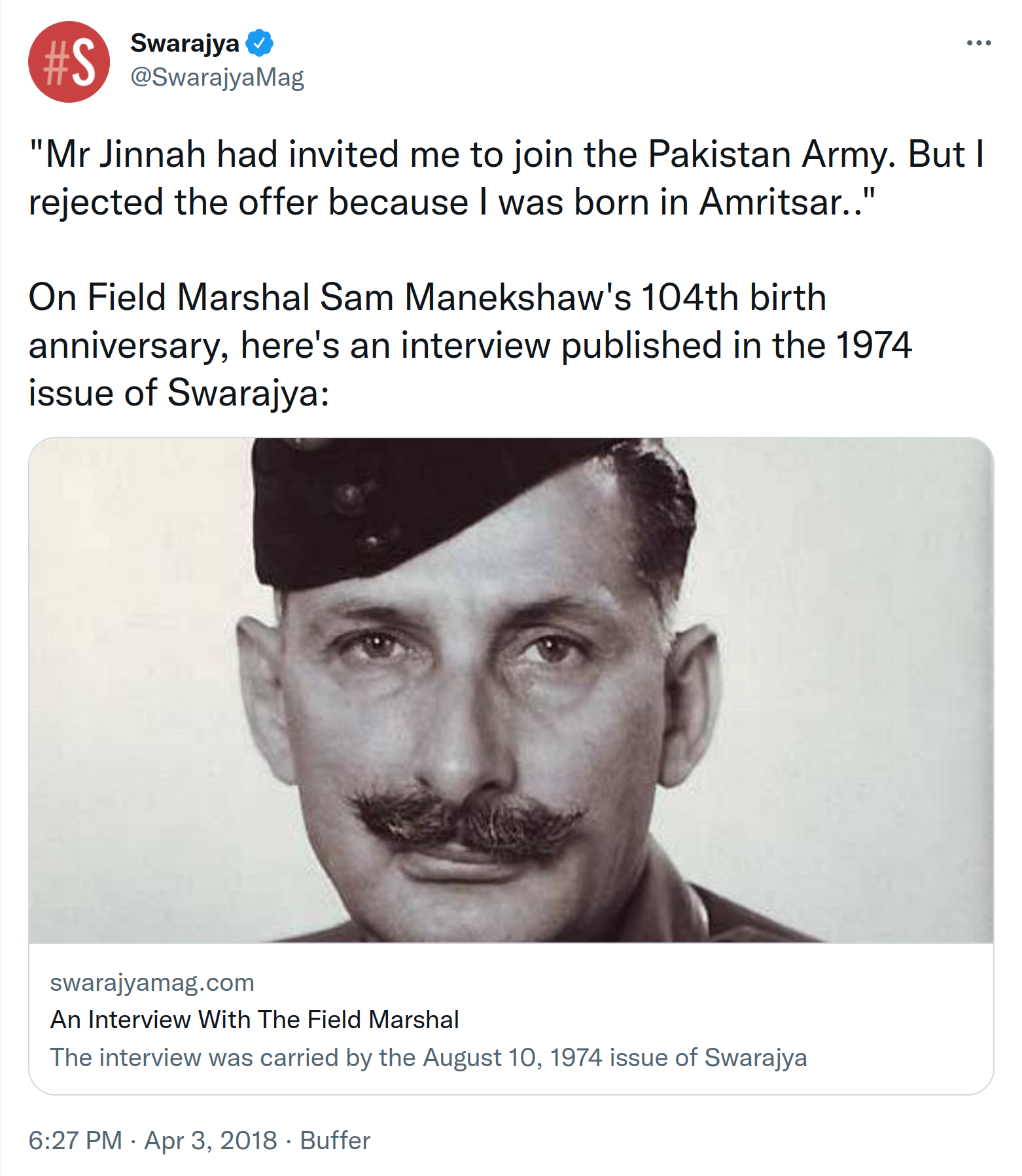 Swarajya Tweet - Field Marshal Sam Manekshaw