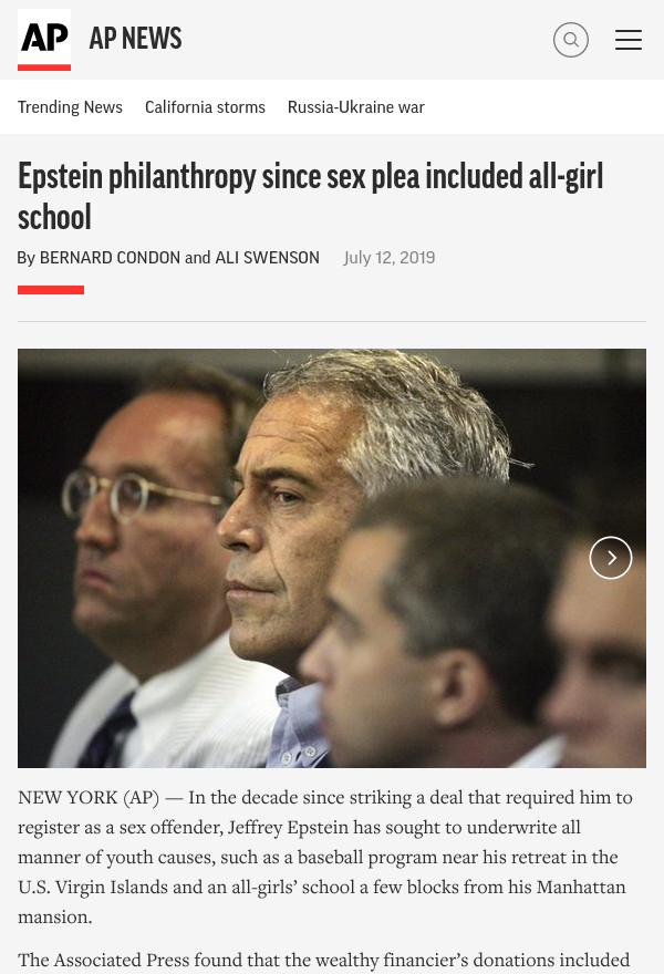 AP News - Epstein philanthropy since sex plea included all-girl school