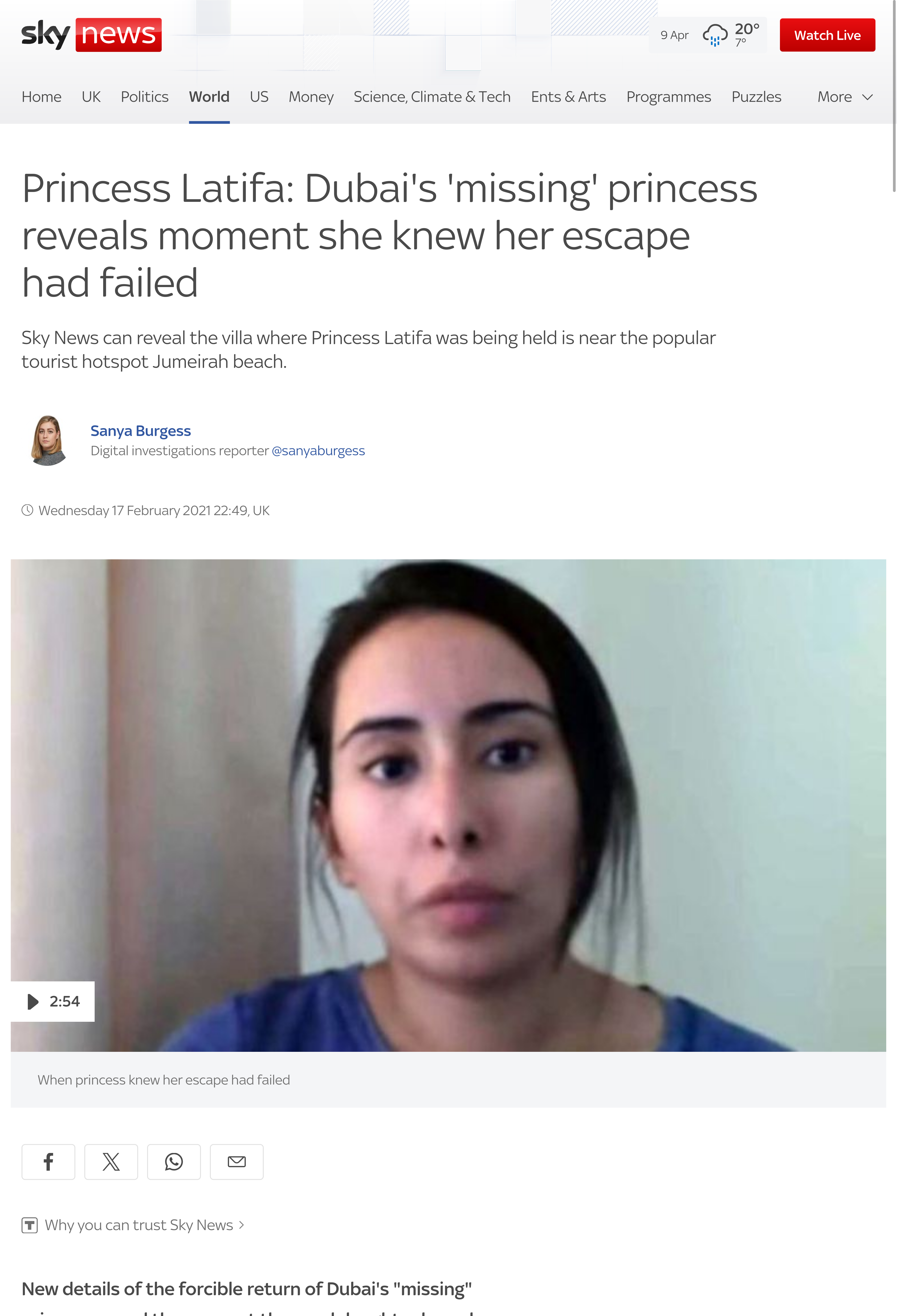 Sky News - Princess Latifa: Dubai's 'missing' princess reveals moment she knew her escape had failed