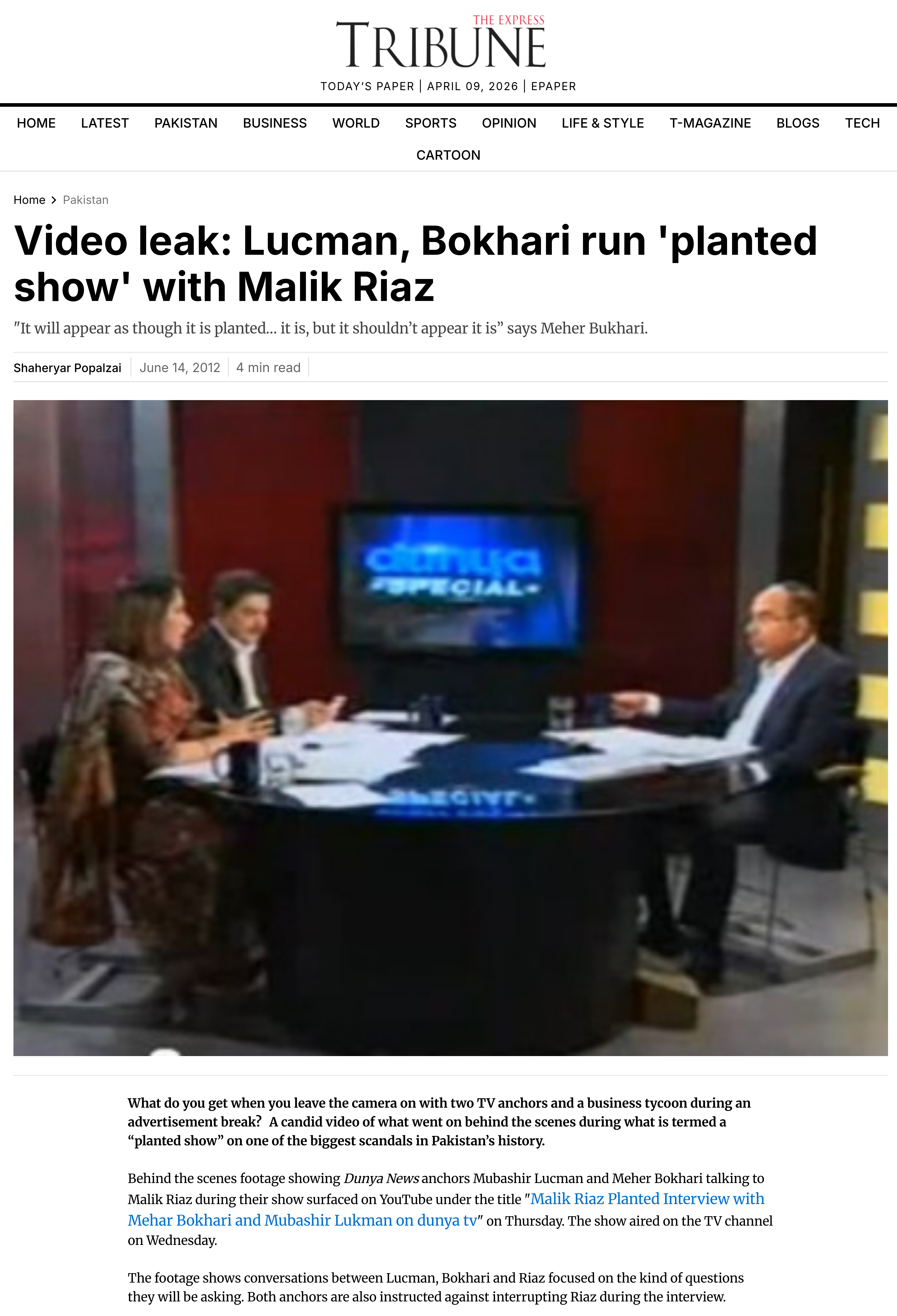Tribune - Video leak: Lucman, Bokhari run 'planted show' with Malik Riaz