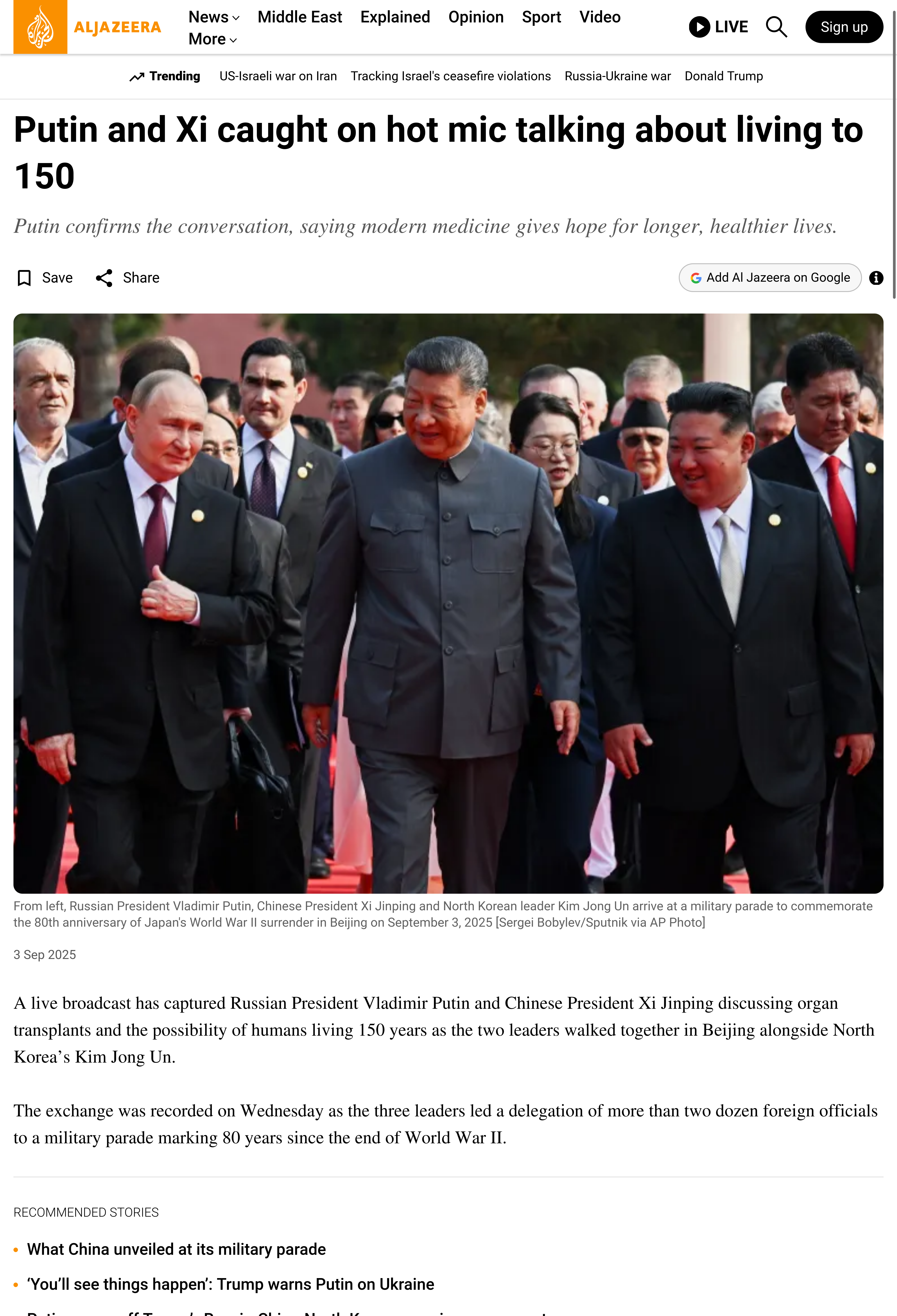Al Jazeera - Putin and Xi caught on hot mic talking about living to 150