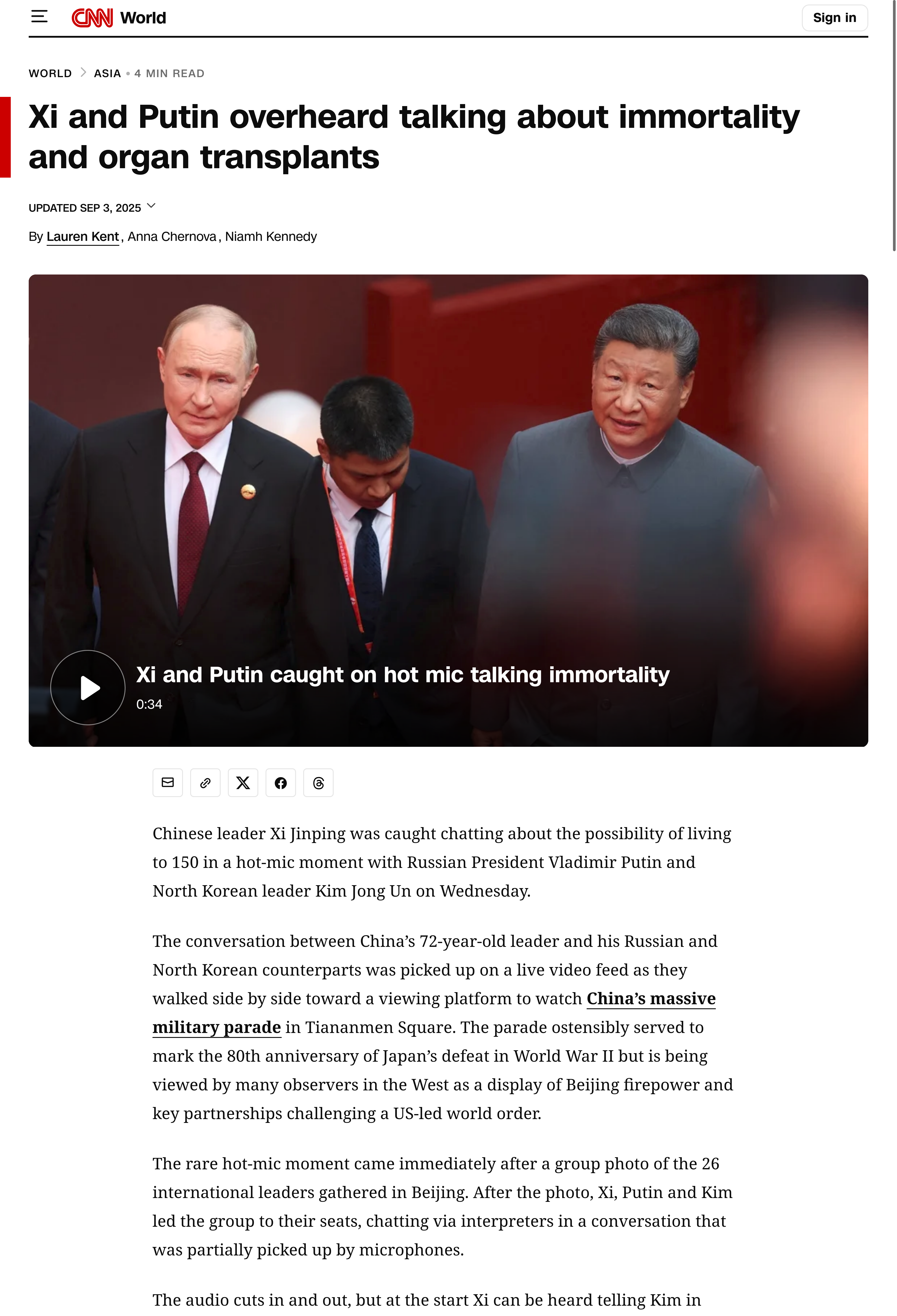 CNN - Xi and Putin overheard talking about immortality and organ transplants