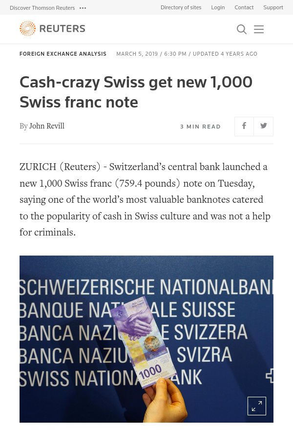 Cash-crazy Swiss get new 1,000 Swiss franc note