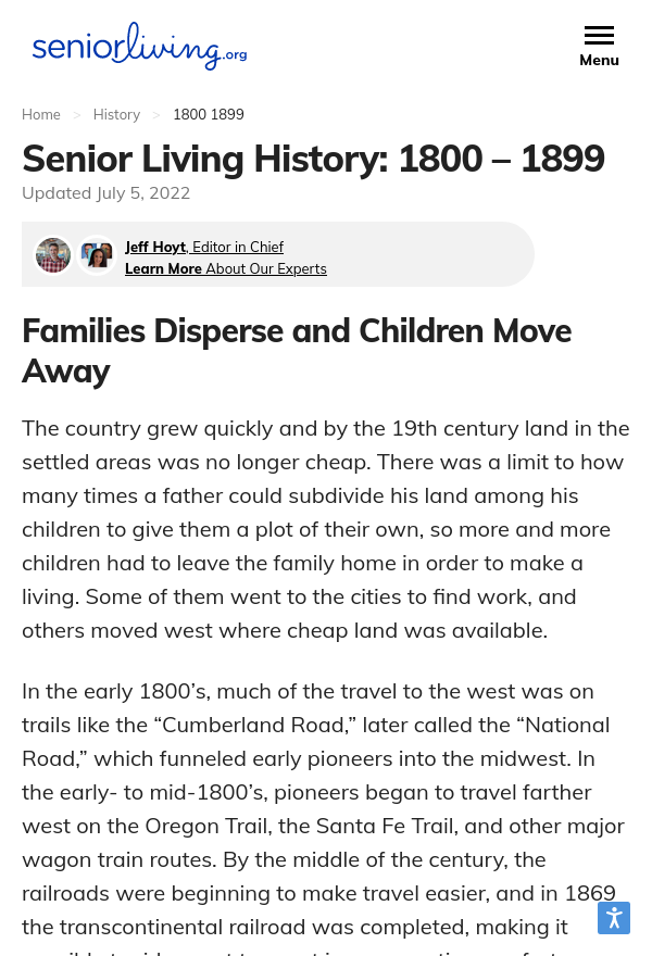 Senior Living History: 1800-1899