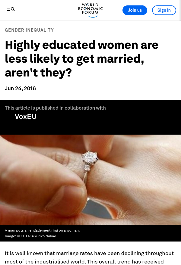 World Economic Forum - Highly educated women are less likely to get married