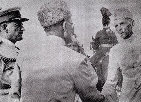 State Bank Governor Zahid Hussain (d. 1957) greeting Quaid-e-Azam. Zahid Hussain had also served as Pakistan's first High Commissioner to India from August 1947 to April 1948.