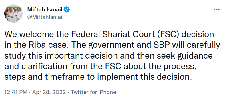 Miftah Ismail Tweet on FSC Verdict