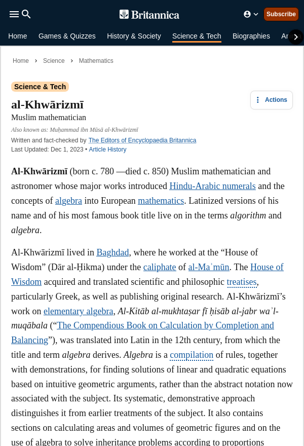 Al-Khwarizmi, Muslim Scientist