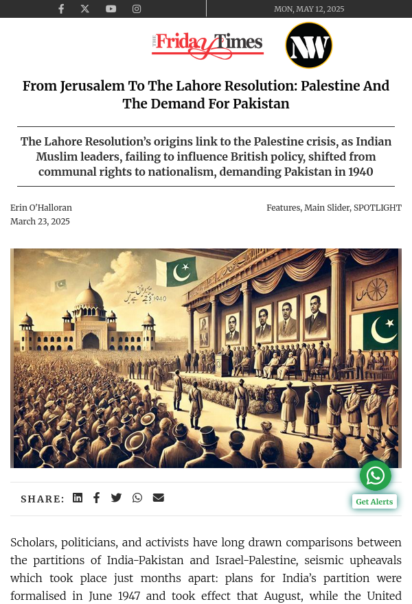 Mention of Palestine in Lahore Resolution 1940
