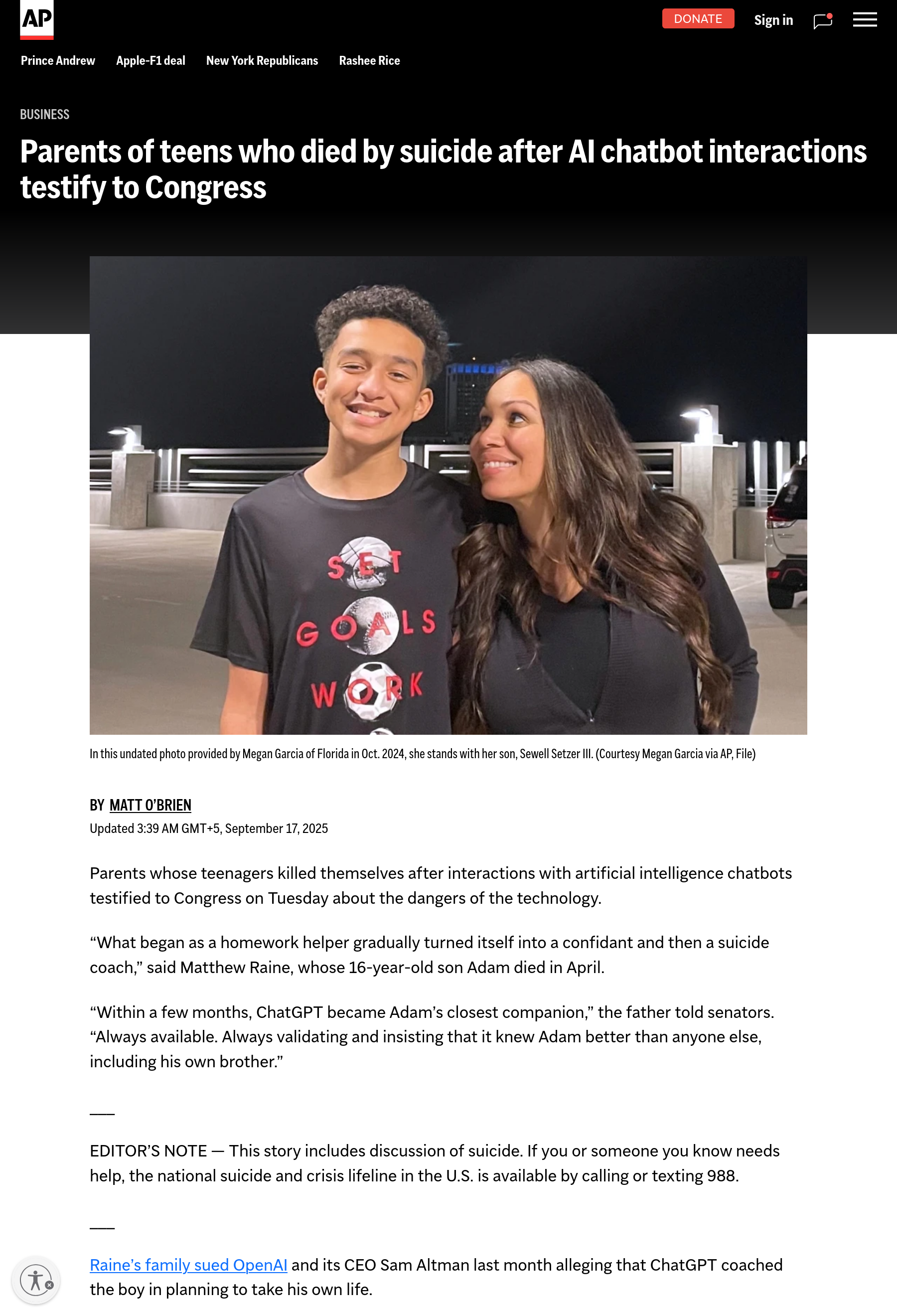 Parents of teens who died by suicide after AI chatbot interactions testify to Congress