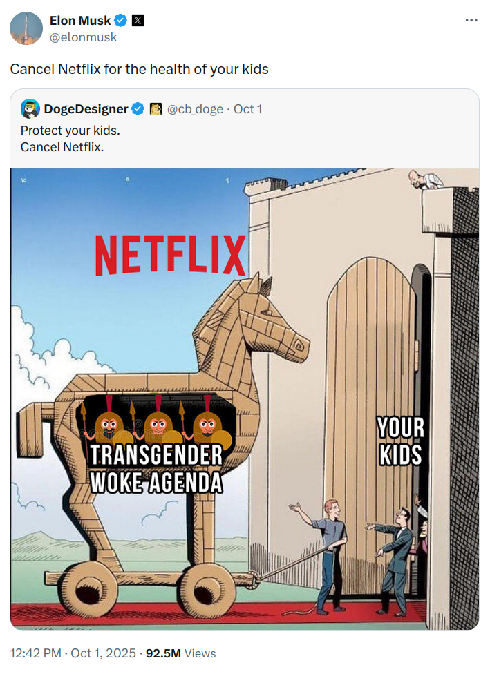 Tweet of Elon Musk on Netflix